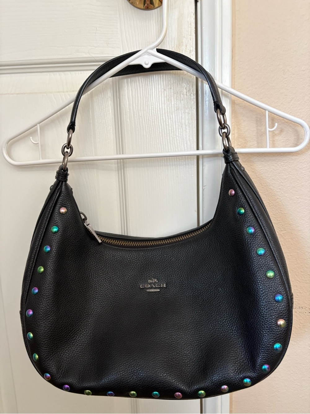 Coach Black Leather Studded Hobo Bag Multicolor Iridescent Studs